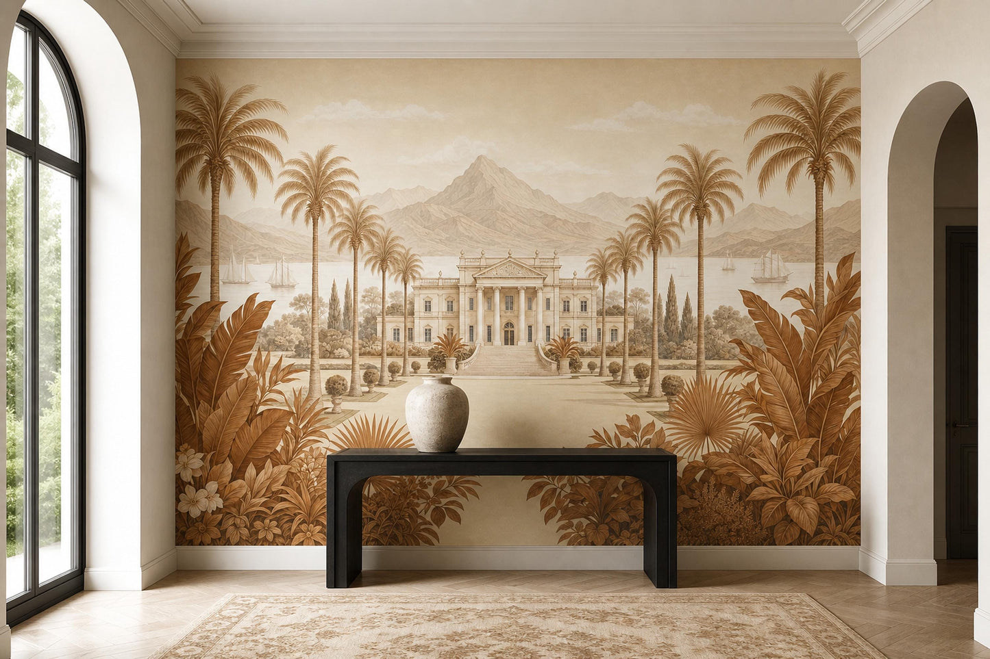 Vintage Landscape Mural Wallpaper Sepia Tropical Palms Neoclassical Villa Wall Mural