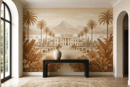 Vintage Landscape Mural Wallpaper Sepia Tropical Palms Neoclassical Villa Wall Mural