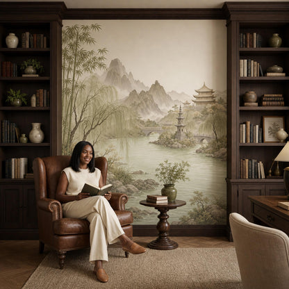 Asian Landscape Wall Mural Serene River Wallpaper Oriental Mountain Panorama Decor