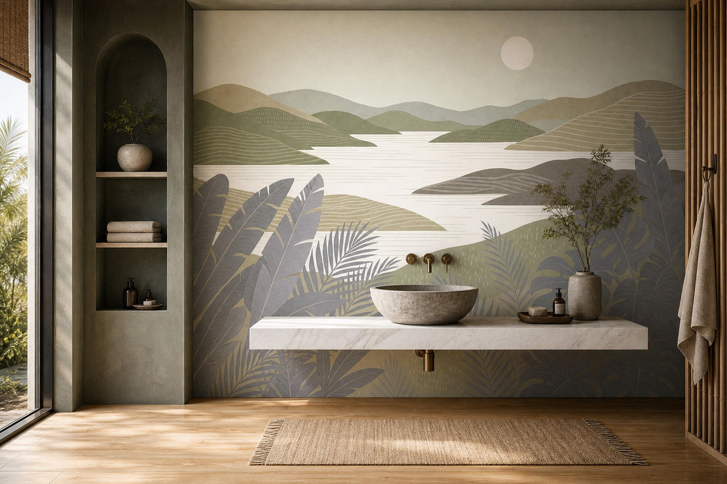 Modern Coastal Landscape Wall Mural Contemporary Lake View Wallpaper Scenic Horizon Decor