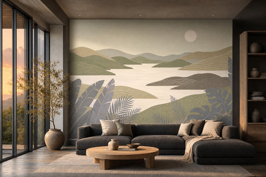 Modern Coastal Landscape Wall Mural Contemporary Lake View Wallpaper Scenic Horizon Decor