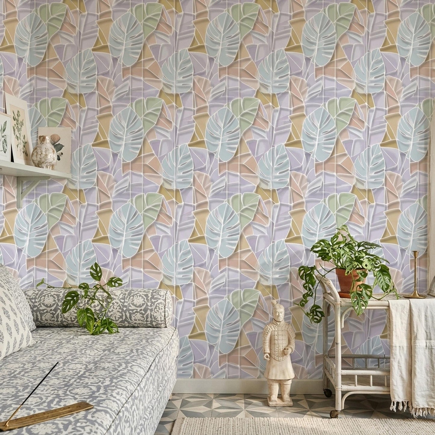 Pastel Tropical Leaf Wallpaper Modern Botanical Pattern Soft Abstract Palm Wall Decor