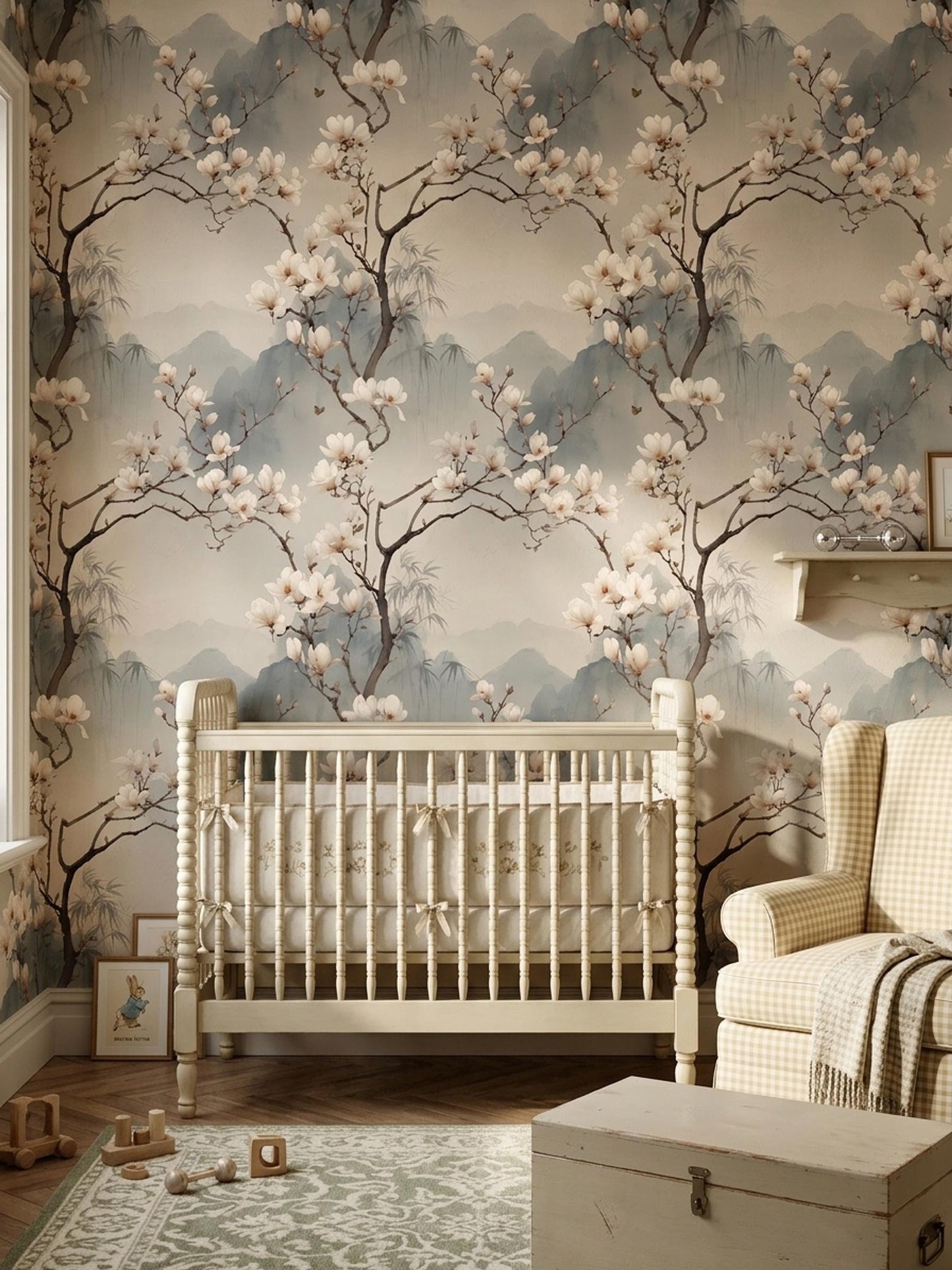 Magnolia Chinoiserie Wallpaper Asian Botanical Wallpaper Zen Floral Wall Decor