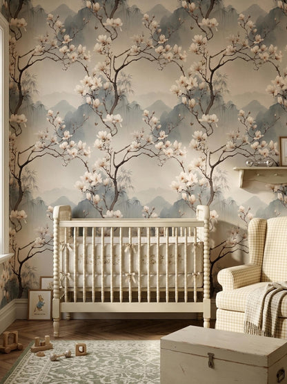 Magnolia Chinoiserie Wallpaper Asian Botanical Wallpaper Zen Floral Wall Decor