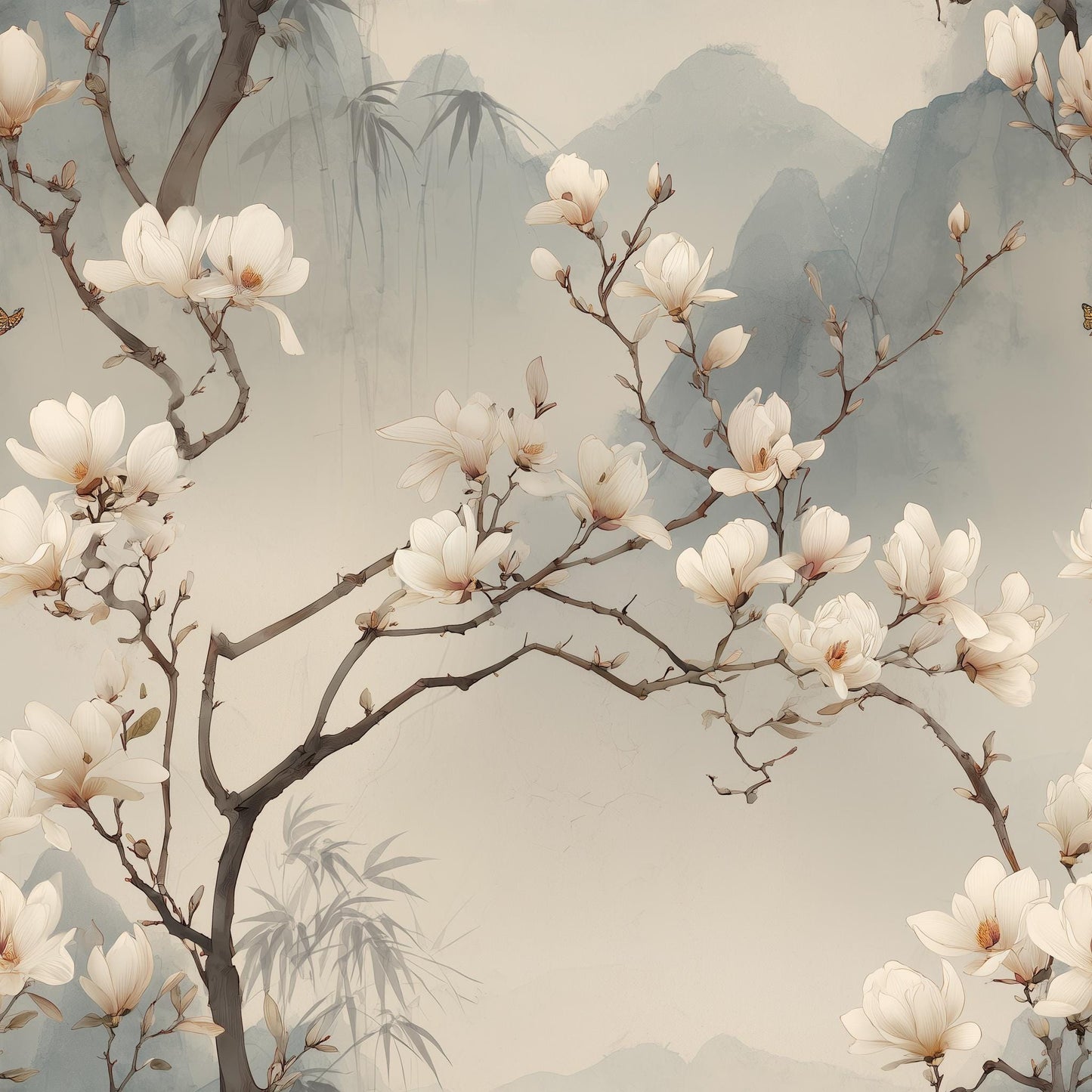 Magnolia Chinoiserie Wallpaper Asian Botanical Wallpaper Zen Floral Wall Decor