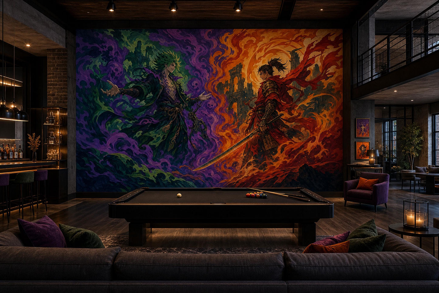 Fantasy Samurai Battle Wall Mural Dark Anime Inspired Epic Fire Magic Wall Decor