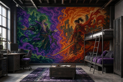 Fantasy Samurai Battle Wall Mural Dark Anime Inspired Epic Fire Magic Wall Decor