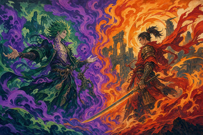 Fantasy Samurai Battle Wall Mural Dark Anime Inspired Epic Fire Magic Wall Decor