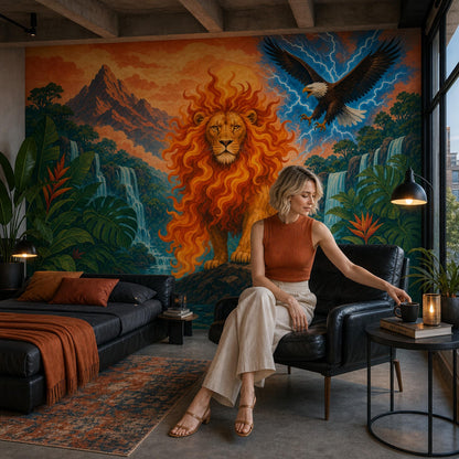 Majestic Lion Wall Mural Fantasy Jungle Landscape Epic Wildlife Statement Wall Decor