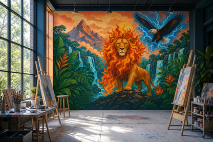 Majestic Lion Wall Mural Fantasy Jungle Landscape Epic Wildlife Statement Wall Decor