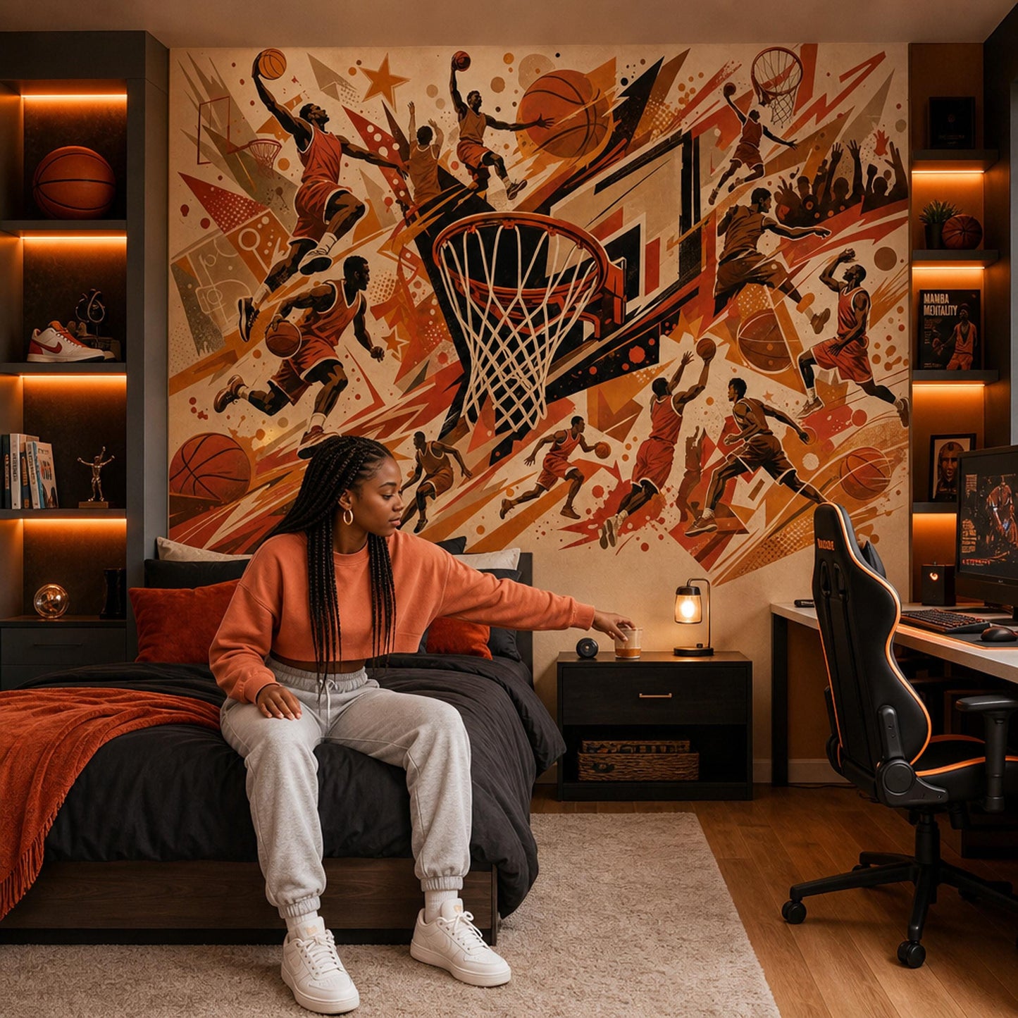 Basketball Wall Mural Athletic Gym Decor Sports Facility Wallpaper Dynamic Game Room Feature Wall