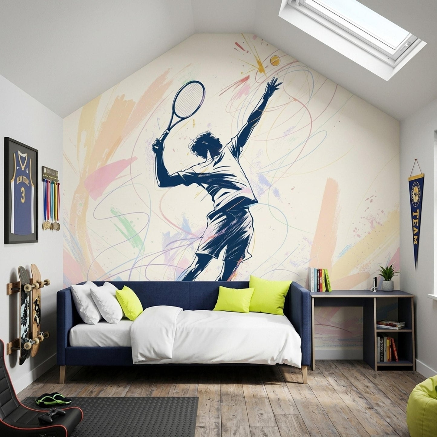 Tennis Wall Mural Modern Sports Wallpaper Athletic Decor Home Gym Racket Sports Art