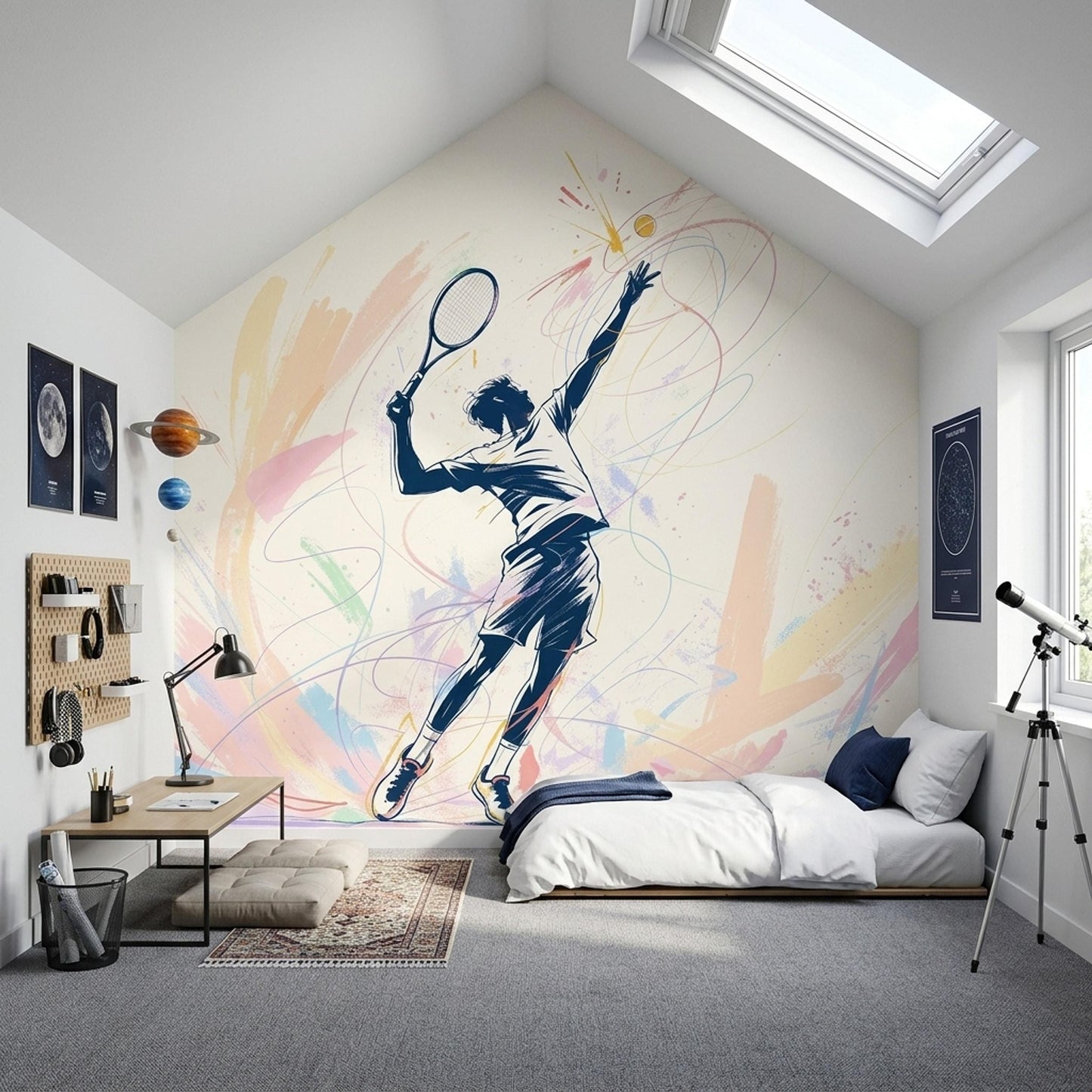 Tennis Wall Mural Modern Sports Wallpaper Athletic Decor Home Gym Racket Sports Art
