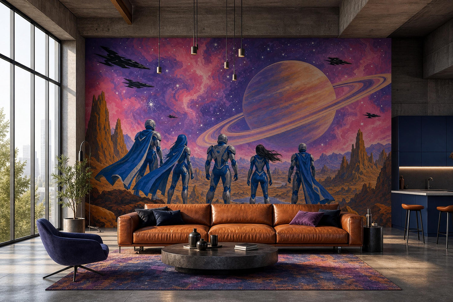 Retro Futurism Space Wall Mural Ringed Planet Galactic Expedition Sci Fi Interior Decor