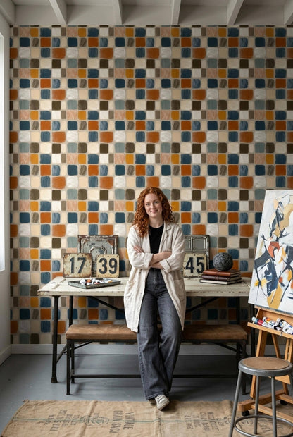 Mid Century Organic Wallpaper Retro Geometric Block Pattern Scandinavian Wall Decor