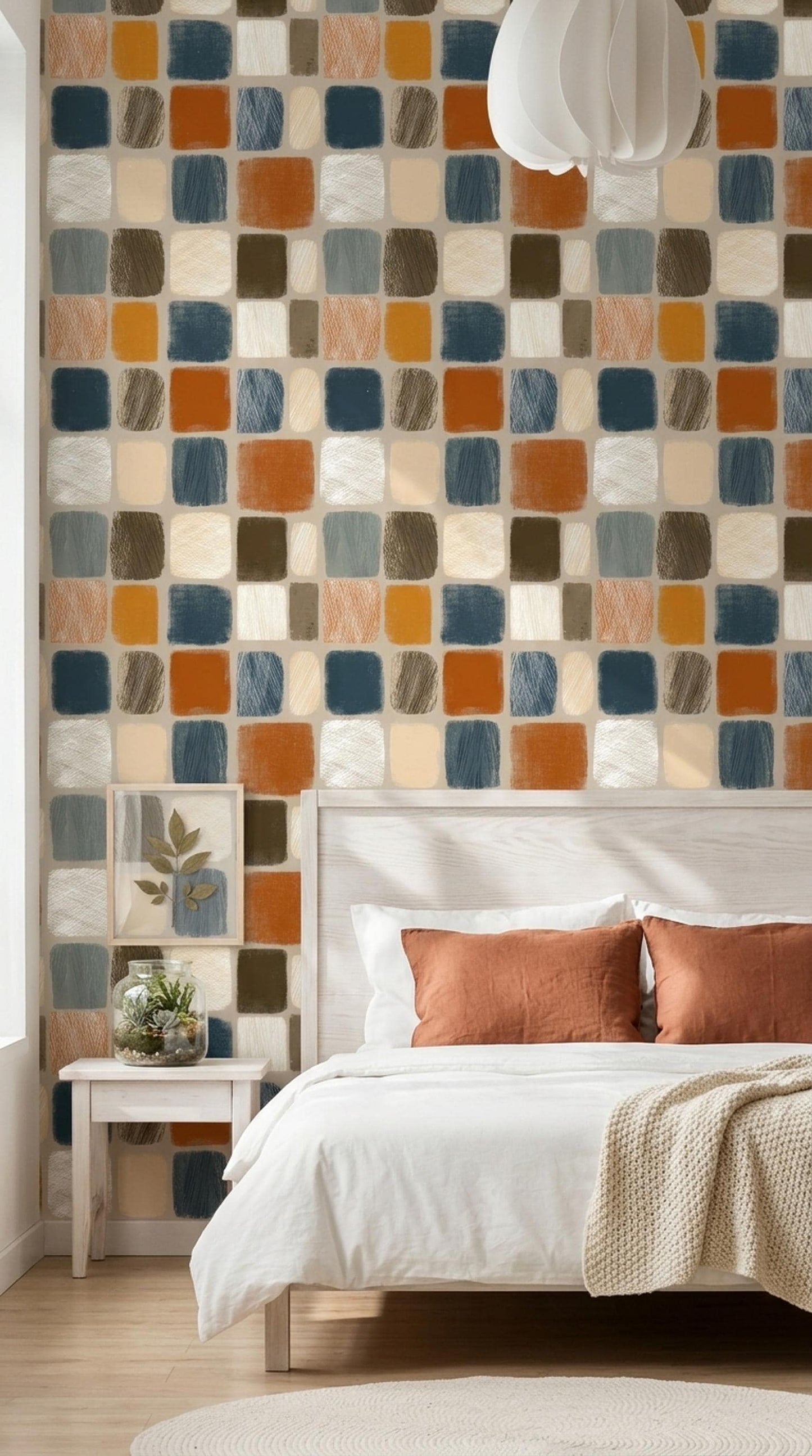 Mid Century Organic Wallpaper Retro Geometric Block Pattern Scandinavian Wall Decor