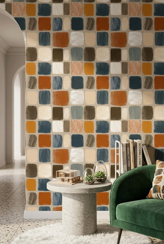 Mid Century Organic Wallpaper Retro Geometric Block Pattern Scandinavian Wall Decor