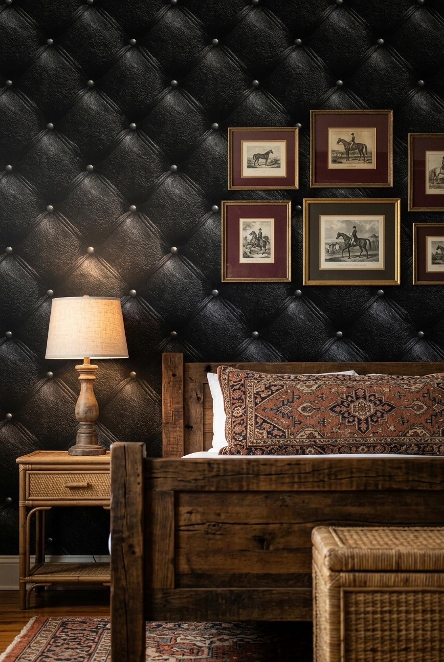 Chesterfield Leather Wallpaper Black Tufted Panel Luxury Gentlemans Club Wall Decor