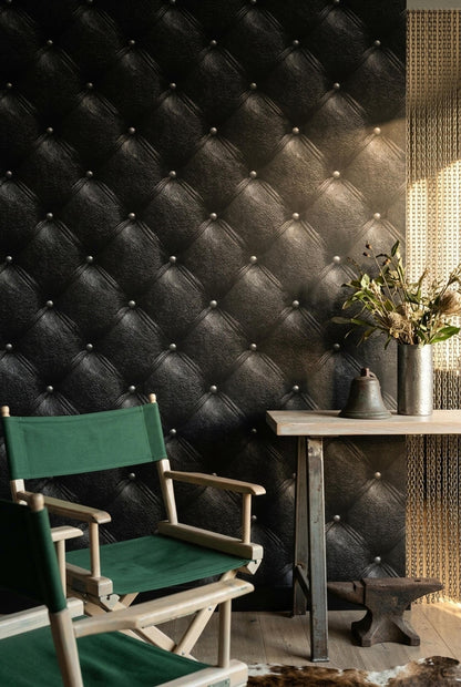 Chesterfield Leather Wallpaper Black Tufted Panel Luxury Gentlemans Club Wall Decor