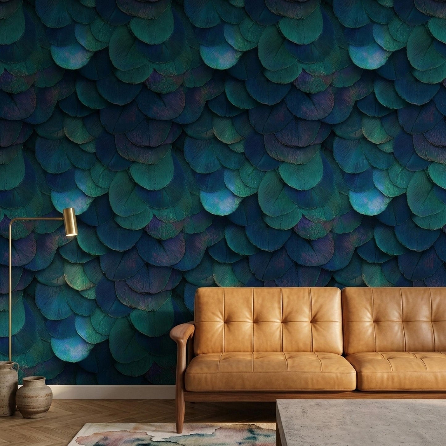 Peacock Feather Wallpaper Jewel Tone Art Deco Luxury Blue Green Textured Wall Decor