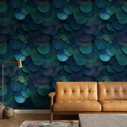 Peacock Feather Wallpaper Jewel Tone Art Deco Luxury Blue Green Textured Wall Decor