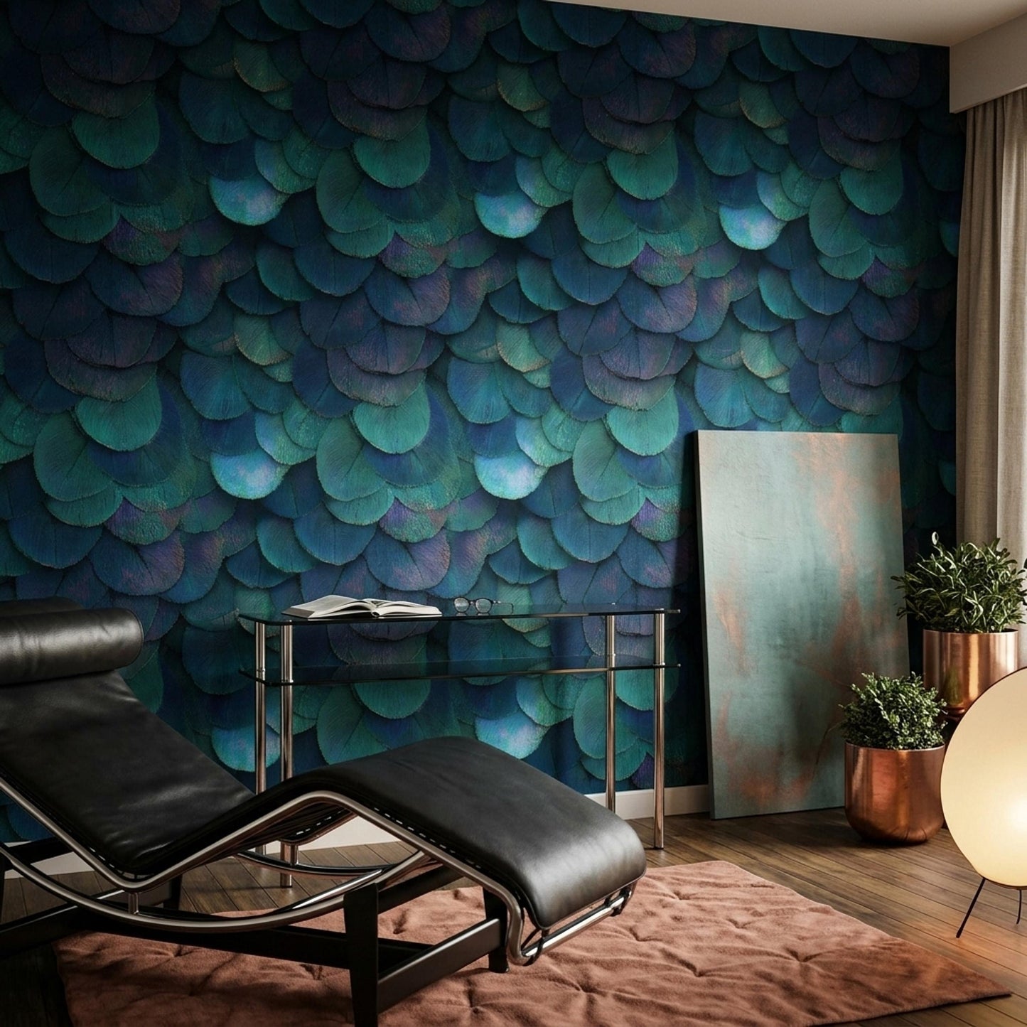 Peacock Feather Wallpaper Jewel Tone Art Deco Luxury Blue Green Textured Wall Decor