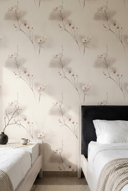 Japandi Wildflower Wallpaper Scandinavian Floral Line Art Neutral Botanical Wall Decor
