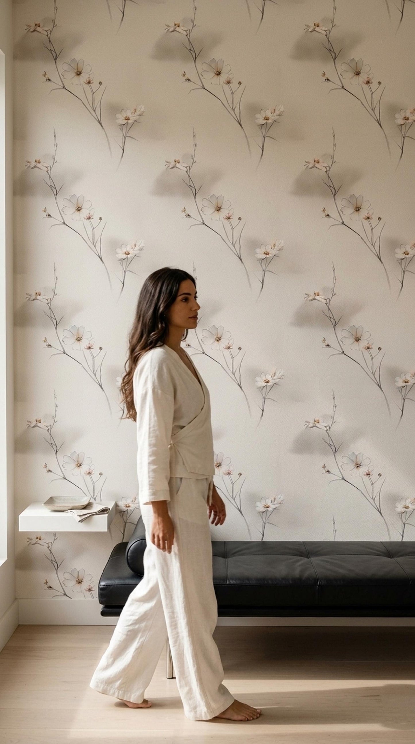 Japandi Wildflower Wallpaper Scandinavian Floral Line Art Neutral Botanical Wall Decor