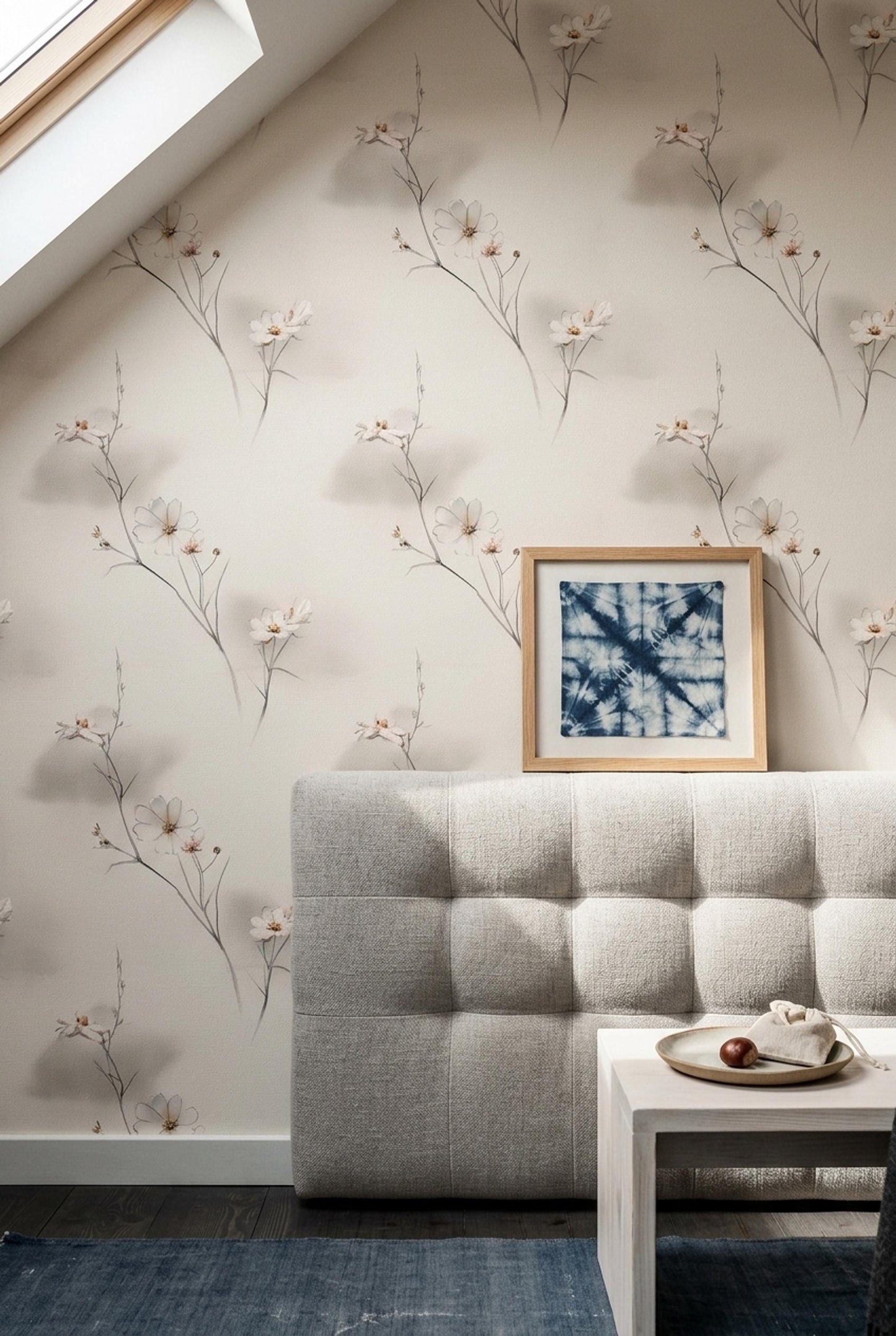 Japandi Wildflower Wallpaper Scandinavian Floral Line Art Neutral Botanical Wall Decor