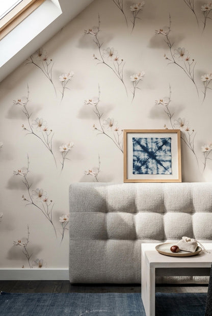 Japandi Wildflower Wallpaper Scandinavian Floral Line Art Neutral Botanical Wall Decor