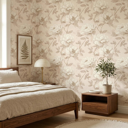 English Cottage Floral Wallpaper Soft Neutral Peony Botanical Vintage Garden Wall Decor