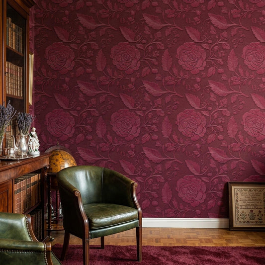 Burgundy Floral Wallpaper Victorian Gothic Dark Academia Vintage Botanical Wall Decor