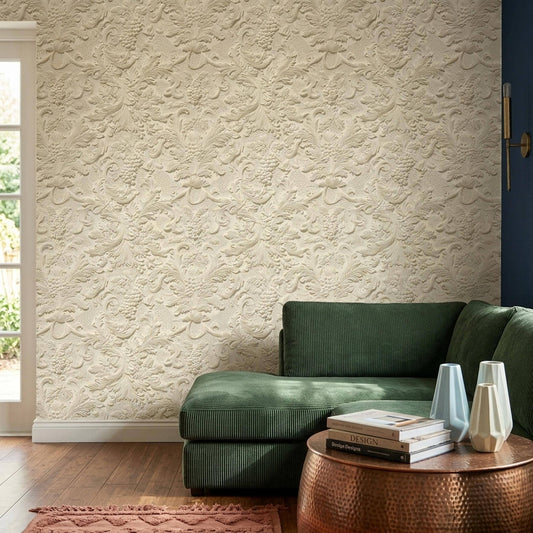 Ornate Damask Wallpaper Raised Plaster Relief Baroque Scrollwork Wall Mural