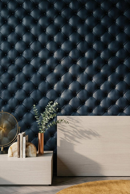 Navy Chesterfield Leather Wallpaper Old Money Executive Office Club Wall Decor