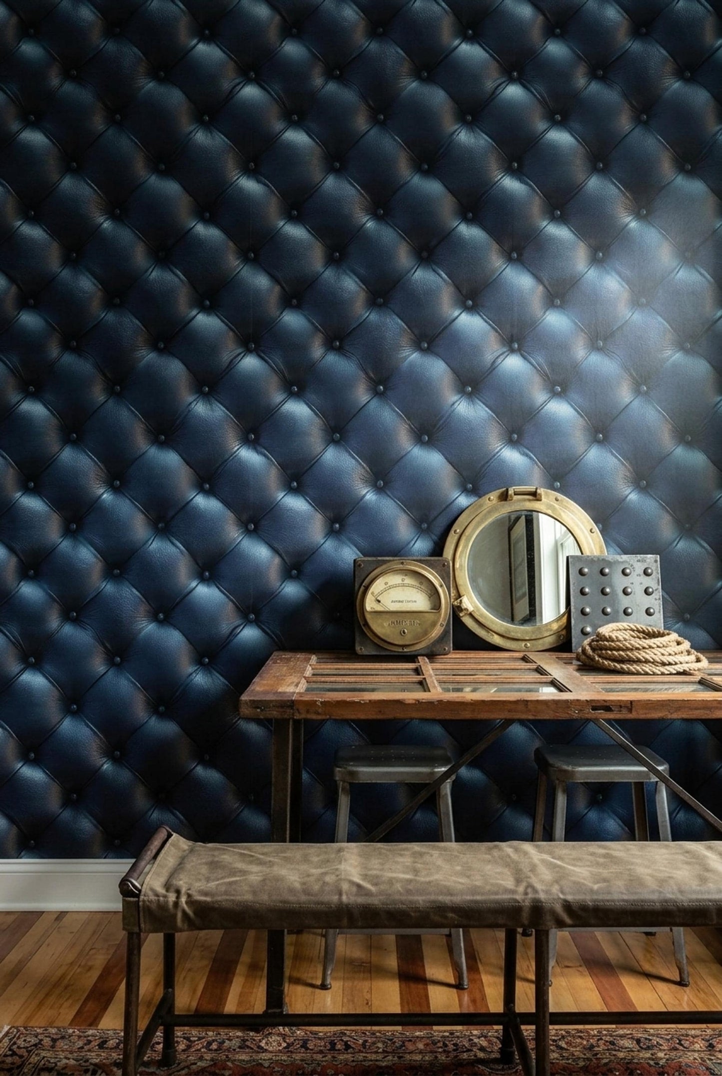 Navy Chesterfield Leather Wallpaper Old Money Executive Office Club Wall Decor