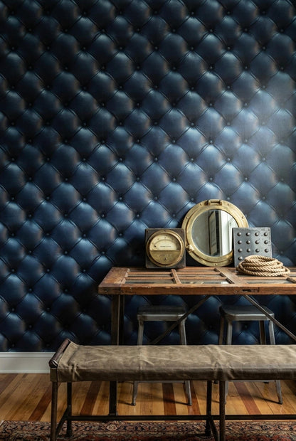 Navy Chesterfield Leather Wallpaper Old Money Executive Office Club Wall Decor
