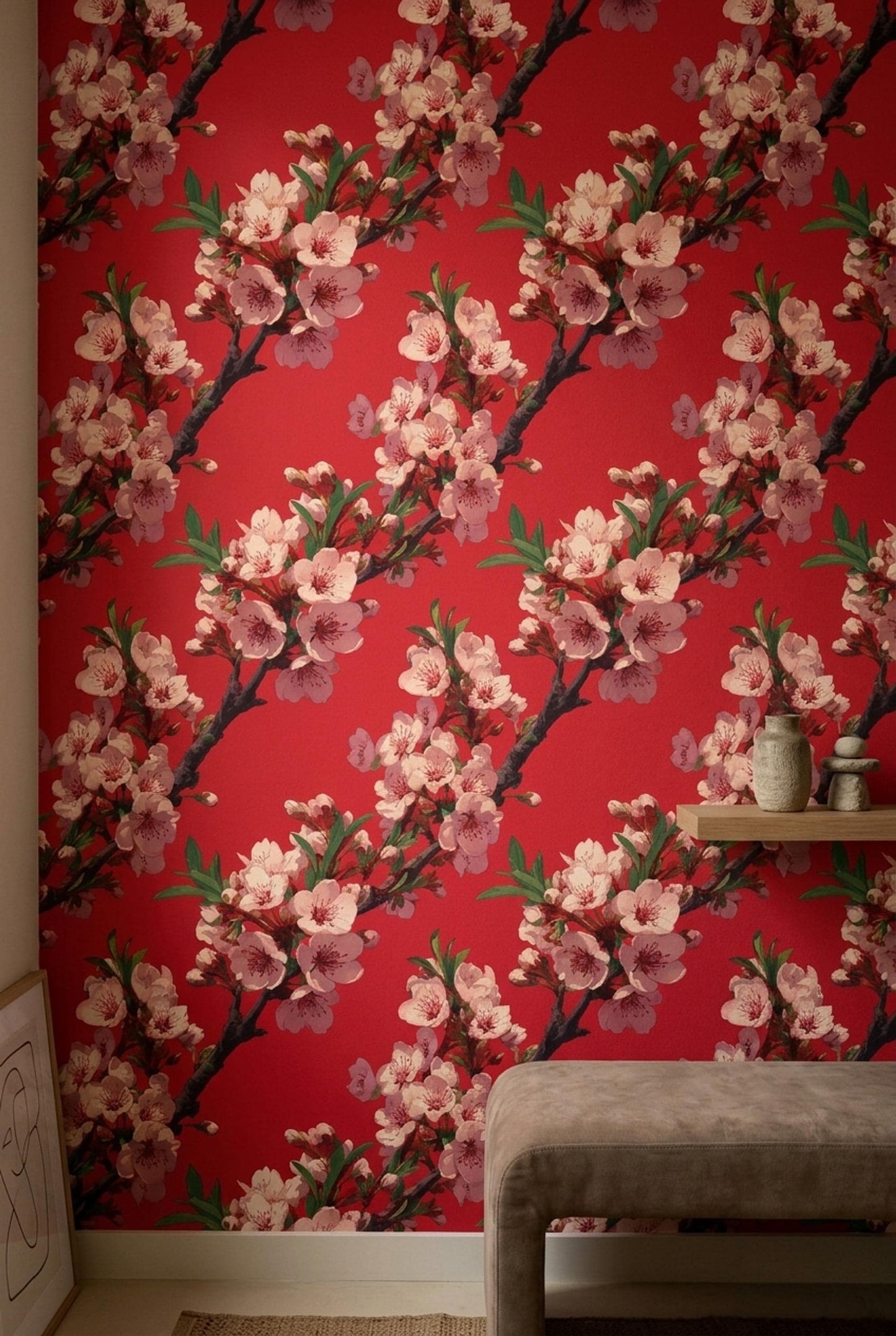 Red Cherry Blossom Wallpaper Japanese Sakura Chinoiserie Floral Asian Wall Decor