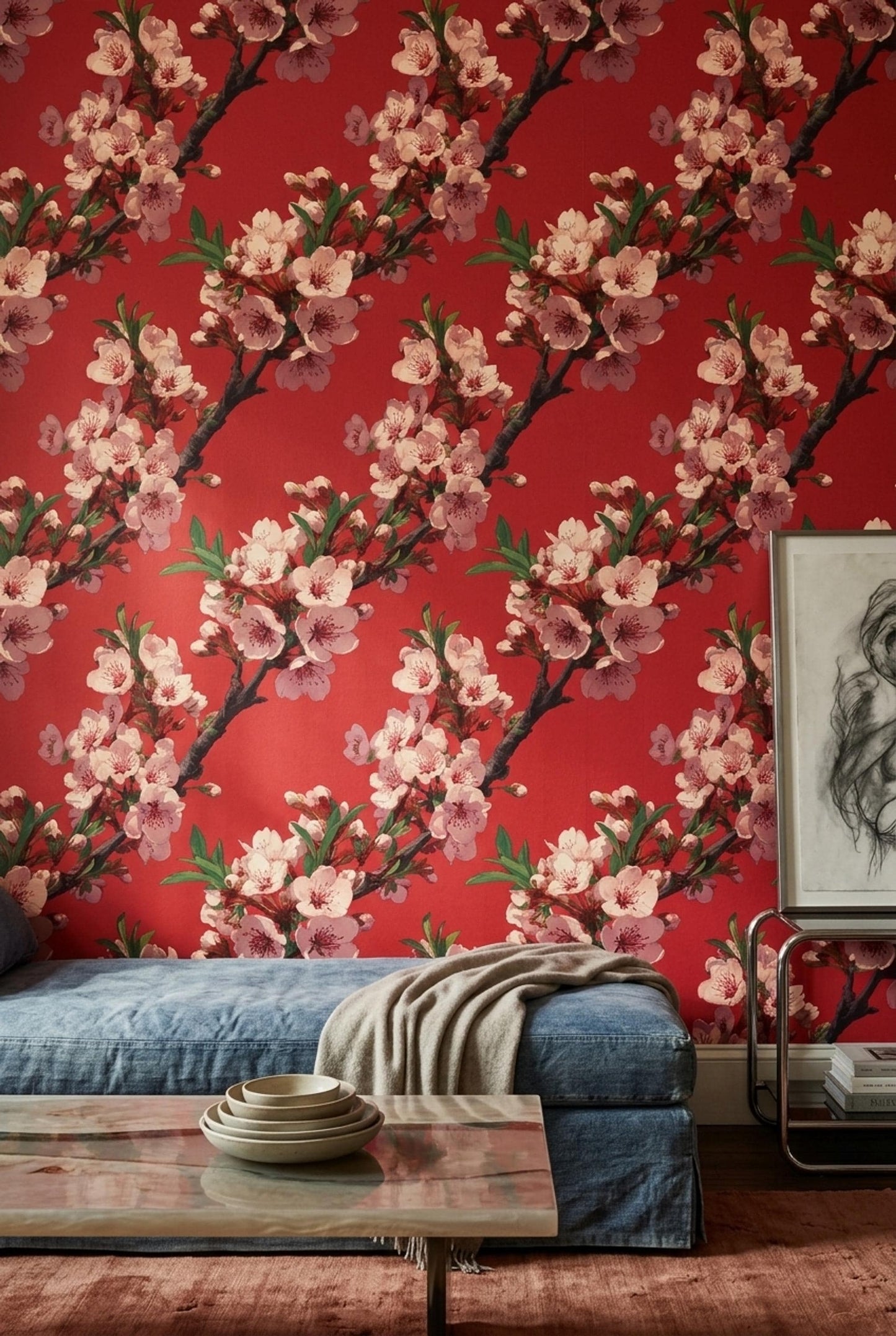 Red Cherry Blossom Wallpaper Japanese Sakura Chinoiserie Floral Asian Wall Decor
