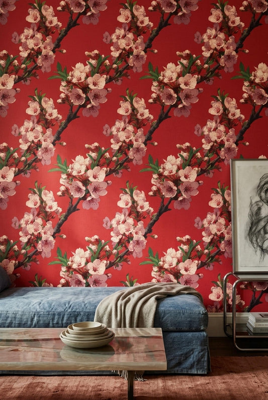 Red Cherry Blossom Wallpaper Japanese Sakura Chinoiserie Floral Asian Wall Decor