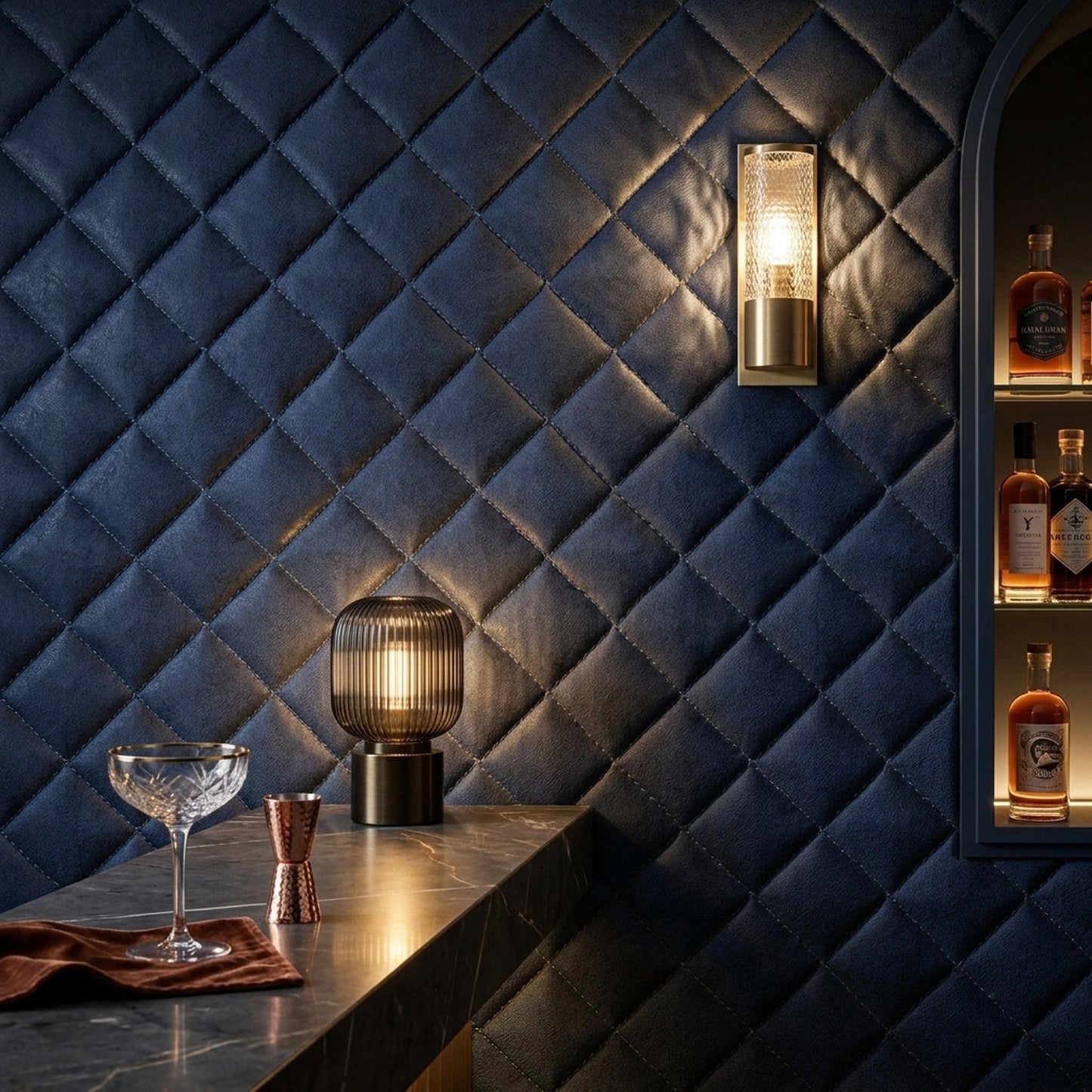 Navy Blue Faux Leather Wallpaper, Tufted Diamond Pattern Luxury Wall Covering Decor