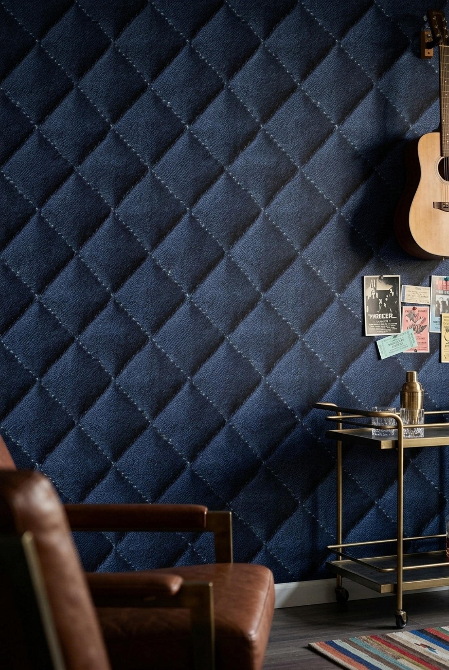 Navy Blue Faux Leather Wallpaper, Tufted Diamond Pattern Luxury Wall Covering Decor