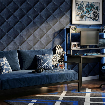 Navy Blue Faux Leather Wallpaper, Tufted Diamond Pattern Luxury Wall Covering Decor