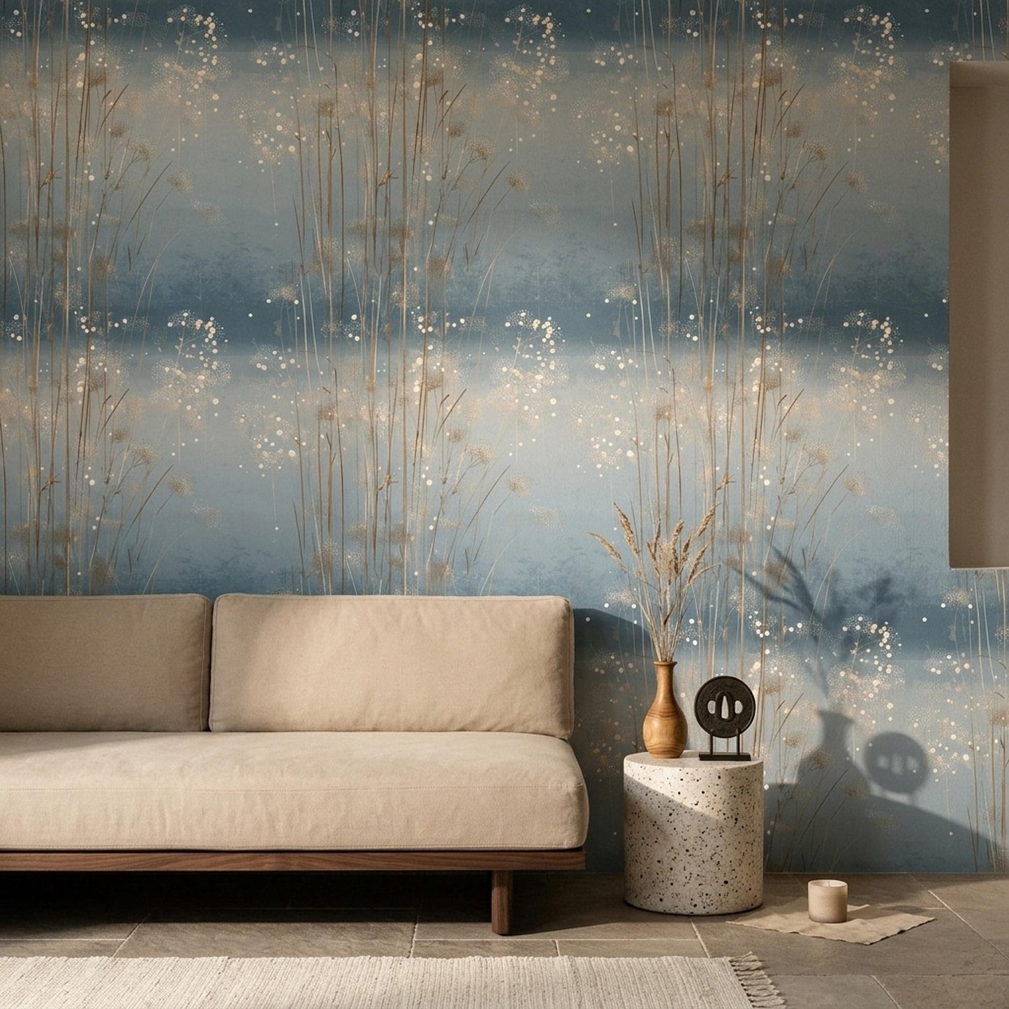 Blue Meadow Grass Wallpaper Organic Modern Botanical Scandinavian Wall Decor