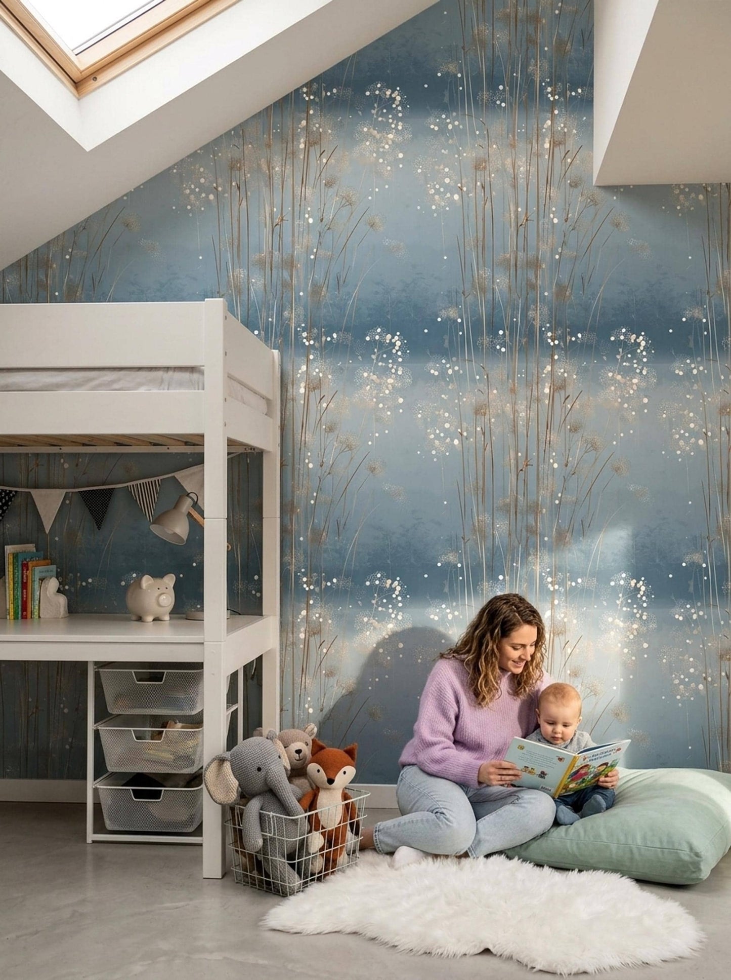 Blue Meadow Grass Wallpaper Organic Modern Botanical Scandinavian Wall Decor