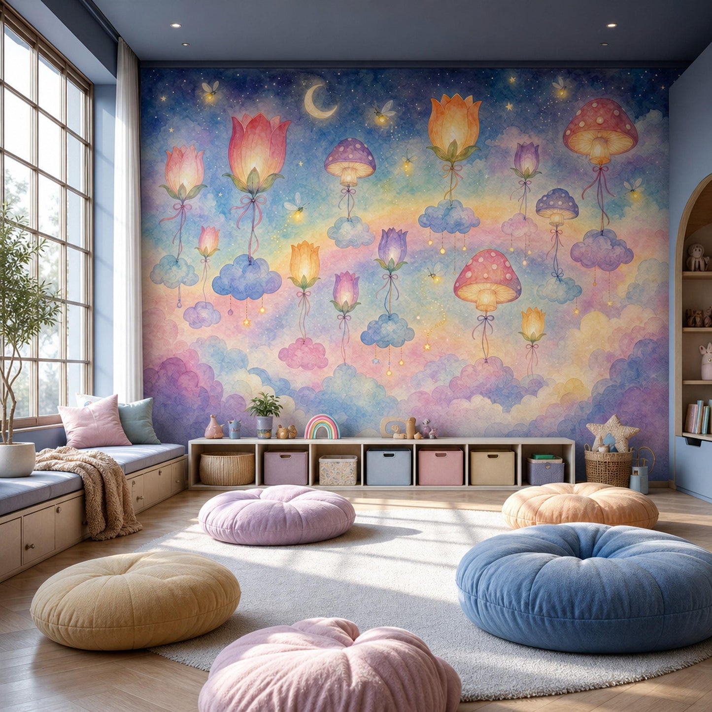Whimsical Nursery Wall Mural Fairy Garden Wallpaper Magical Mushroom Cloud Decor