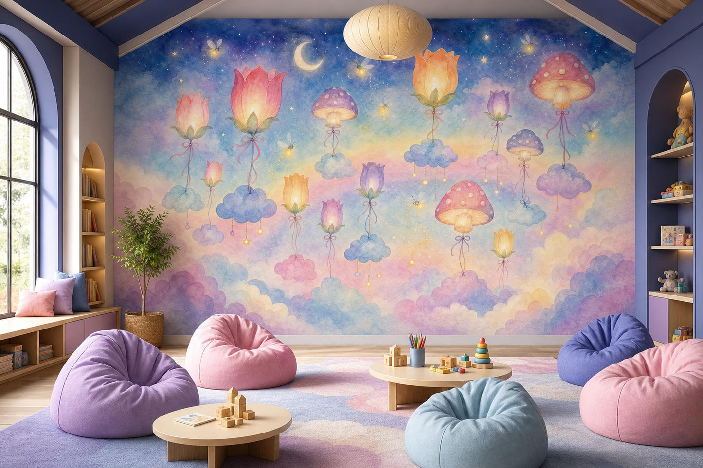 Whimsical Nursery Wall Mural Fairy Garden Wallpaper Magical Mushroom Cloud Decor