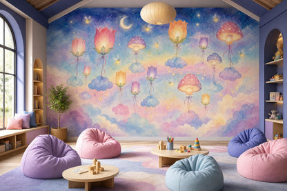 Whimsical Nursery Wall Mural Fairy Garden Wallpaper Magical Mushroom Cloud Decor
