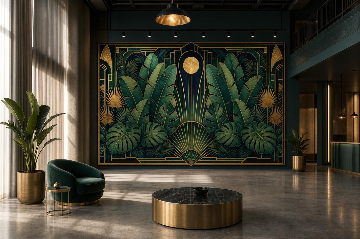 Luxury Art Deco Botanical Wall Mural Emerald Palm Gold Tropical Statement Decor