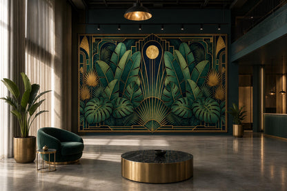 Luxury Art Deco Botanical Wall Mural Emerald Palm Gold Tropical Statement Decor