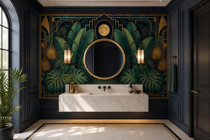Luxury Art Deco Botanical Wall Mural Emerald Palm Gold Tropical Statement Decor